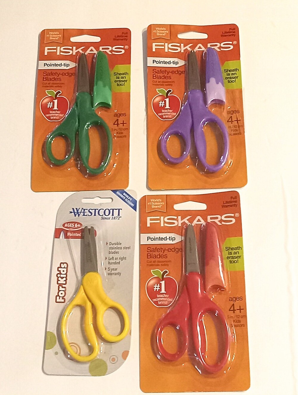 Fiskars Pointed Tip Safety Kids Scissors Eraser Sheath Lot Of 3 + 1 Westcott.